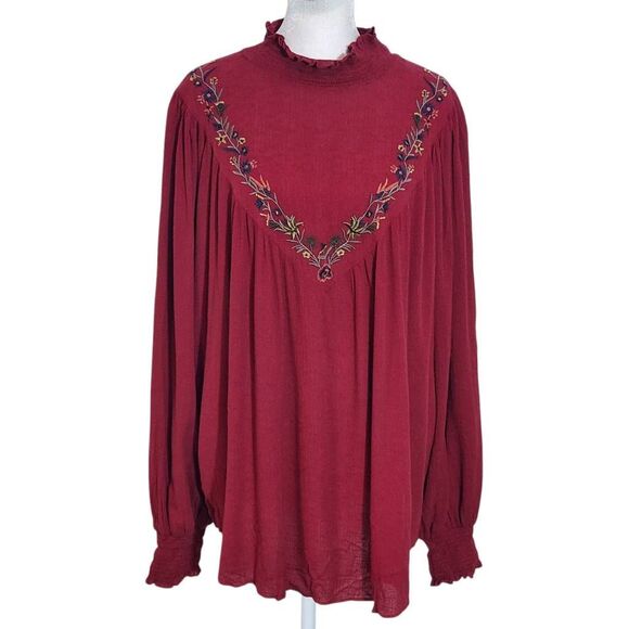 Chic Soul Burgundy Embroidered Boho Blouse NWOT Size 1X Oxblood Embroidered Top - Picture 1 of 8